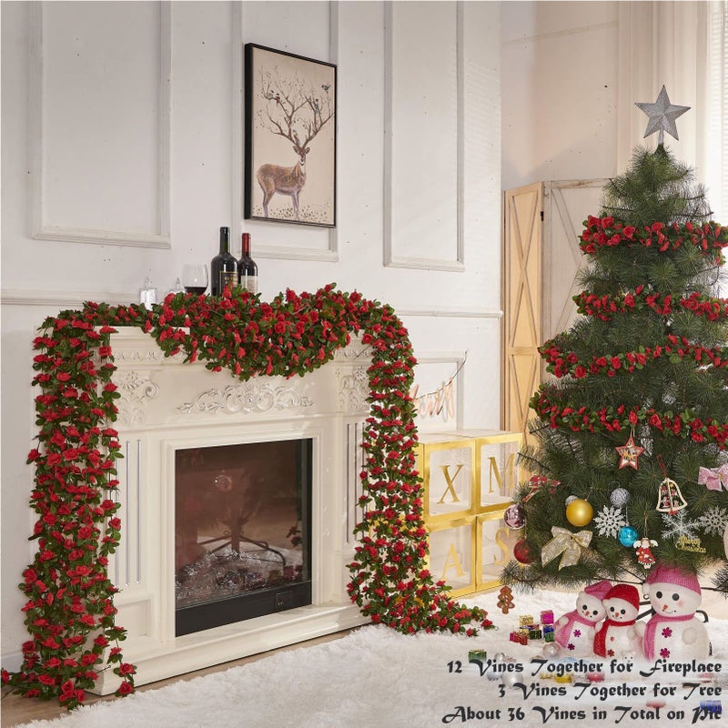 PONKING 8 Pcs x 8.2 ft Flower Garland Artificial Rose Vine Flowers with Green Leaves Hanging Fake Roses Vine for Room Party Home Wedding Birthday Christmas Wall Arch Decor, Spring Red Flower - Image 3
